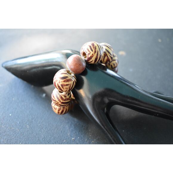 Artisan Hand-Painted Wood Bead Bracelet | Earthy Boho Chic (7") - Picture 5 of 8